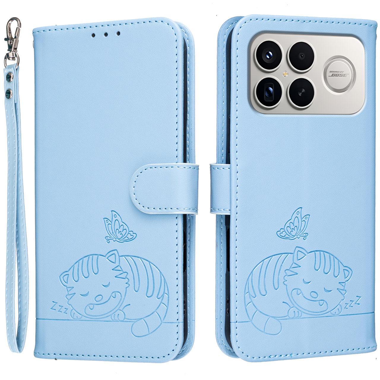 For Redmi K90 ProMax / Poco F8 Ultra Cat Butterfly Embossed RFID Vegan Leather Phone Case with Strap(Light Blue)