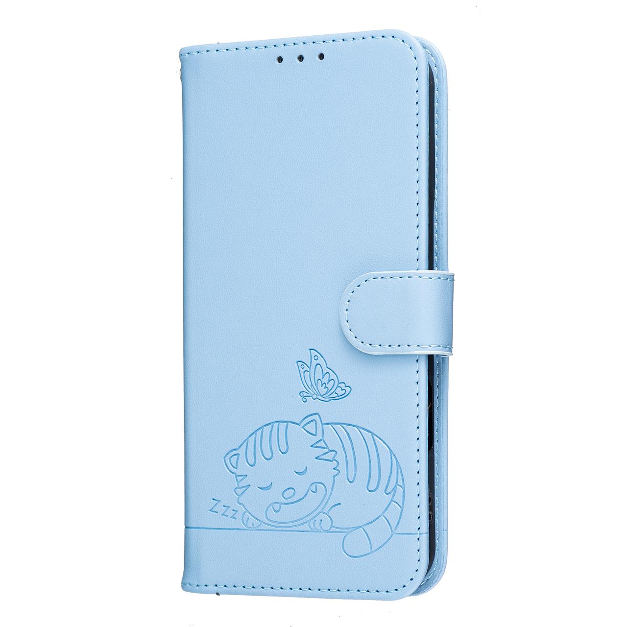 For Redmi K90 ProMax / Poco F8 Ultra Cat Butterfly Embossed RFID Vegan Leather Phone Case with Strap(Light Blue)