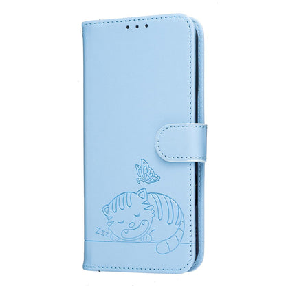For Redmi K90 ProMax / Poco F8 Ultra Cat Butterfly Embossed RFID Vegan Leather Phone Case with Strap(Light Blue)
