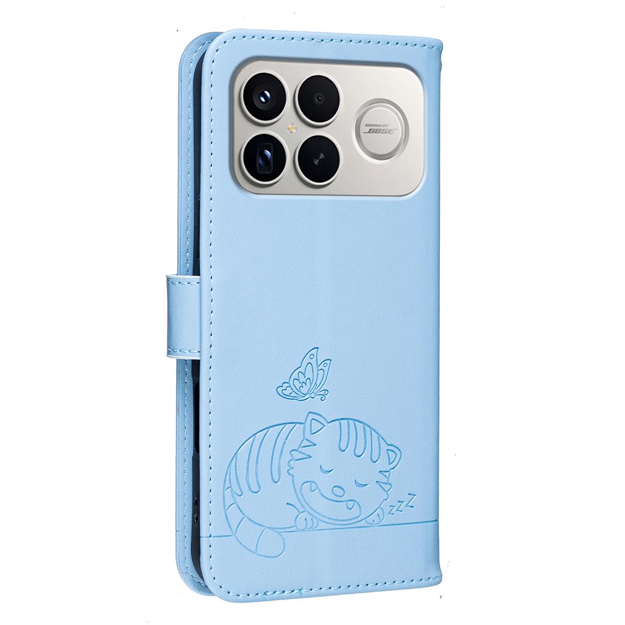 For Redmi K90 ProMax / Poco F8 Ultra Cat Butterfly Embossed RFID Vegan Leather Phone Case with Strap(Light Blue)