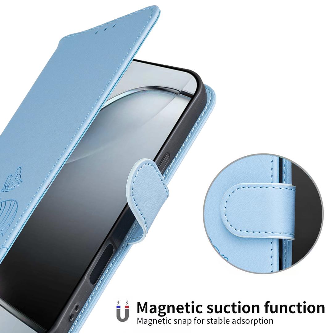For Redmi K90 ProMax / Poco F8 Ultra Cat Butterfly Embossed RFID Vegan Leather Phone Case with Strap(Light Blue)