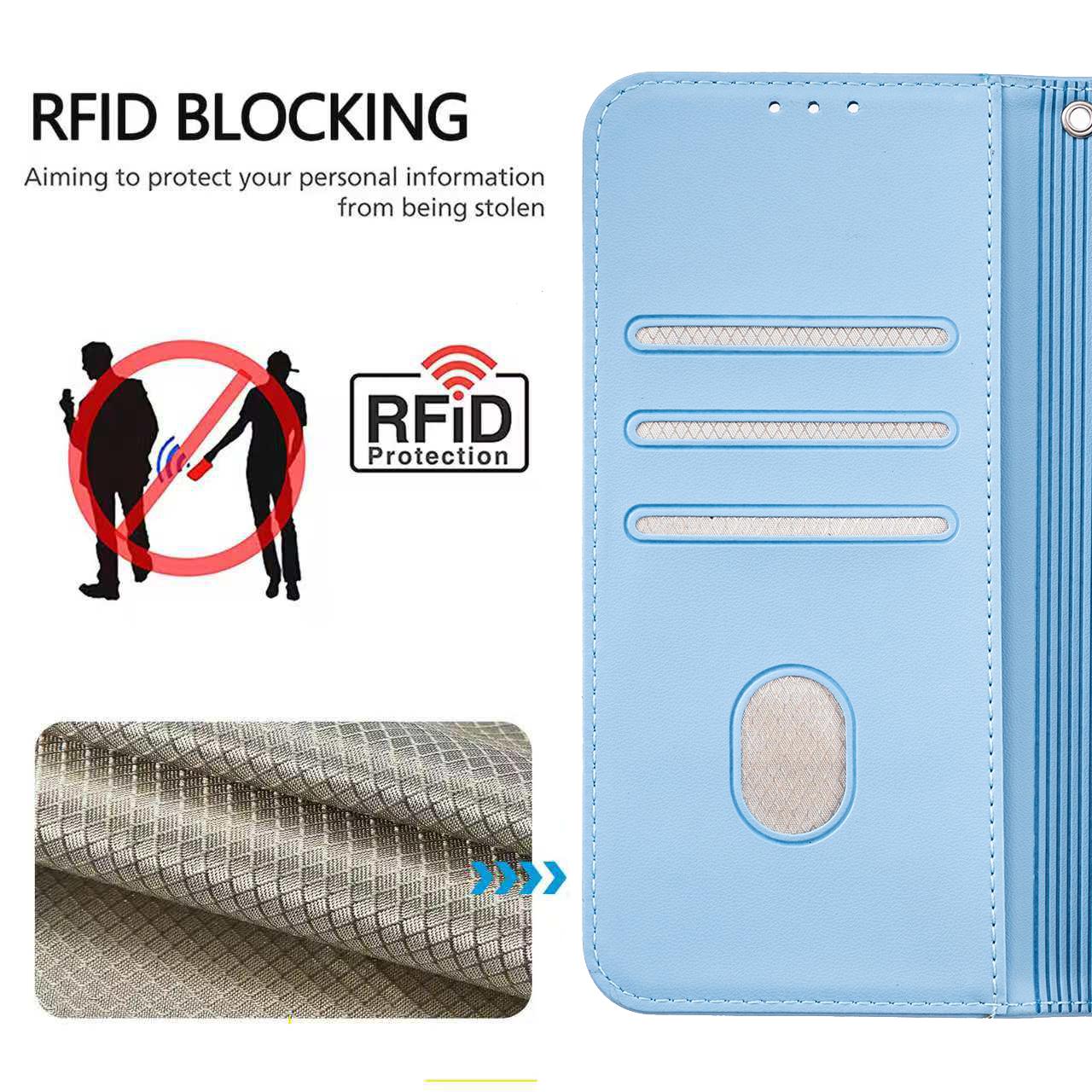 For Redmi K90 ProMax / Poco F8 Ultra Cat Butterfly Embossed RFID Vegan Leather Phone Case with Strap(Light Blue)