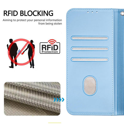 For Redmi K90 ProMax / Poco F8 Ultra Cat Butterfly Embossed RFID Vegan Leather Phone Case with Strap(Light Blue)