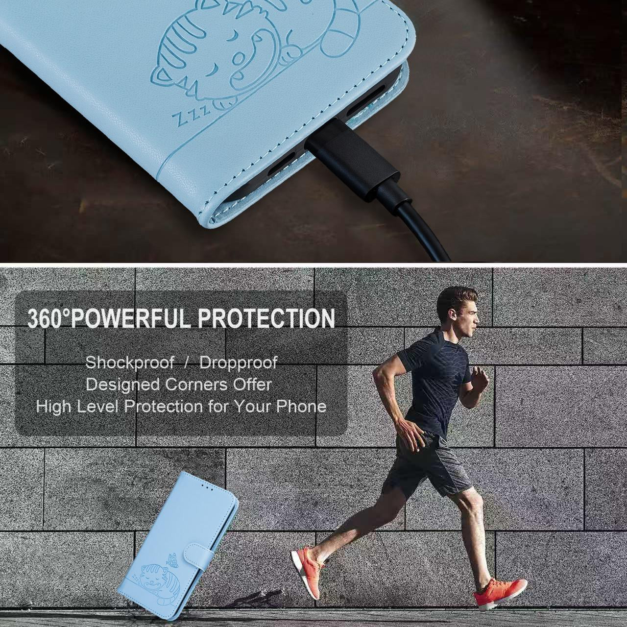For Redmi K90 ProMax / Poco F8 Ultra Cat Butterfly Embossed RFID Vegan Leather Phone Case with Strap(Light Blue)