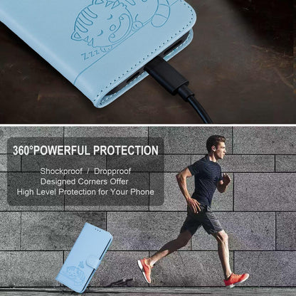 For Redmi K90 ProMax / Poco F8 Ultra Cat Butterfly Embossed RFID Vegan Leather Phone Case with Strap(Light Blue)