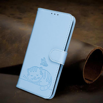 For Redmi K90 ProMax / Poco F8 Ultra Cat Butterfly Embossed RFID Vegan Leather Phone Case with Strap(Light Blue)