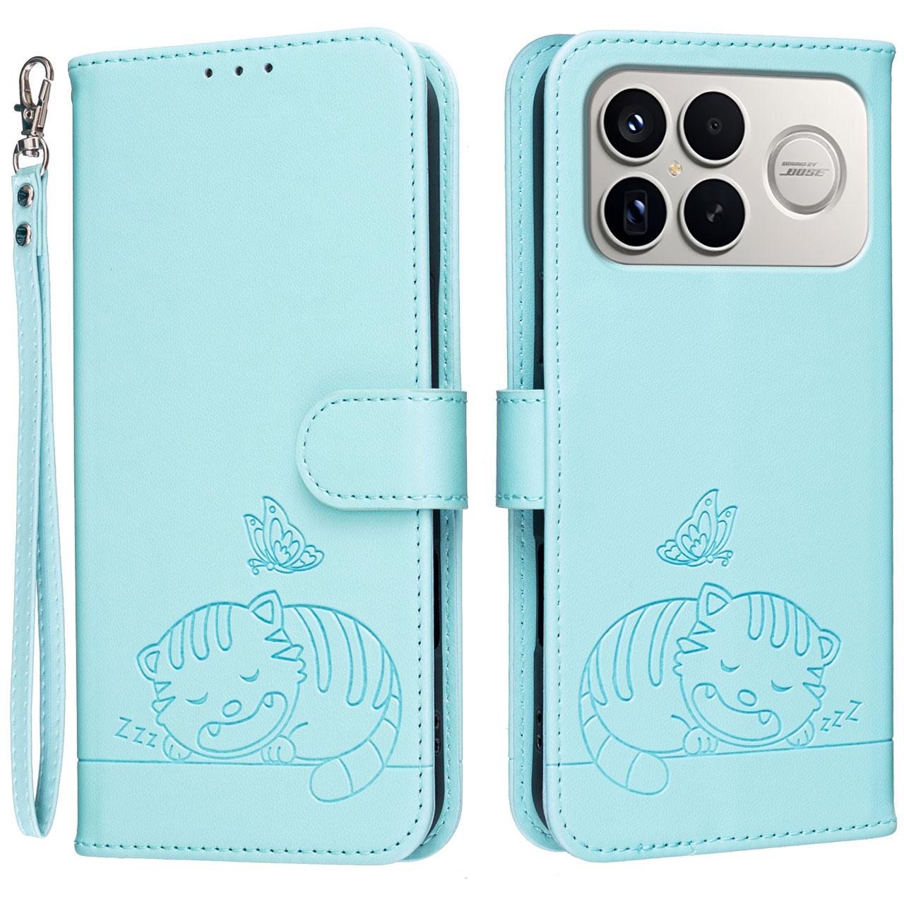 For Redmi K90 ProMax / Poco F8 Ultra Cat Butterfly Embossed RFID Vegan Leather Phone Case with Strap(Light Green)