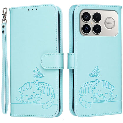 For Redmi K90 ProMax / Poco F8 Ultra Cat Butterfly Embossed RFID Vegan Leather Phone Case with Strap(Light Green)