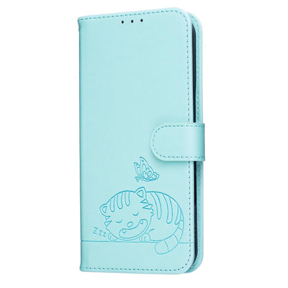 For Redmi K90 ProMax / Poco F8 Ultra Cat Butterfly Embossed RFID Vegan Leather Phone Case with Strap(Light Green)