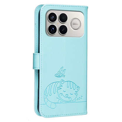 For Redmi K90 ProMax / Poco F8 Ultra Cat Butterfly Embossed RFID Vegan Leather Phone Case with Strap(Light Green)