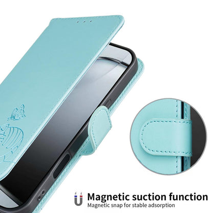For Redmi K90 ProMax / Poco F8 Ultra Cat Butterfly Embossed RFID Vegan Leather Phone Case with Strap(Light Green)