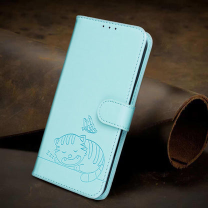For Redmi K90 ProMax / Poco F8 Ultra Cat Butterfly Embossed RFID Vegan Leather Phone Case with Strap(Light Green)