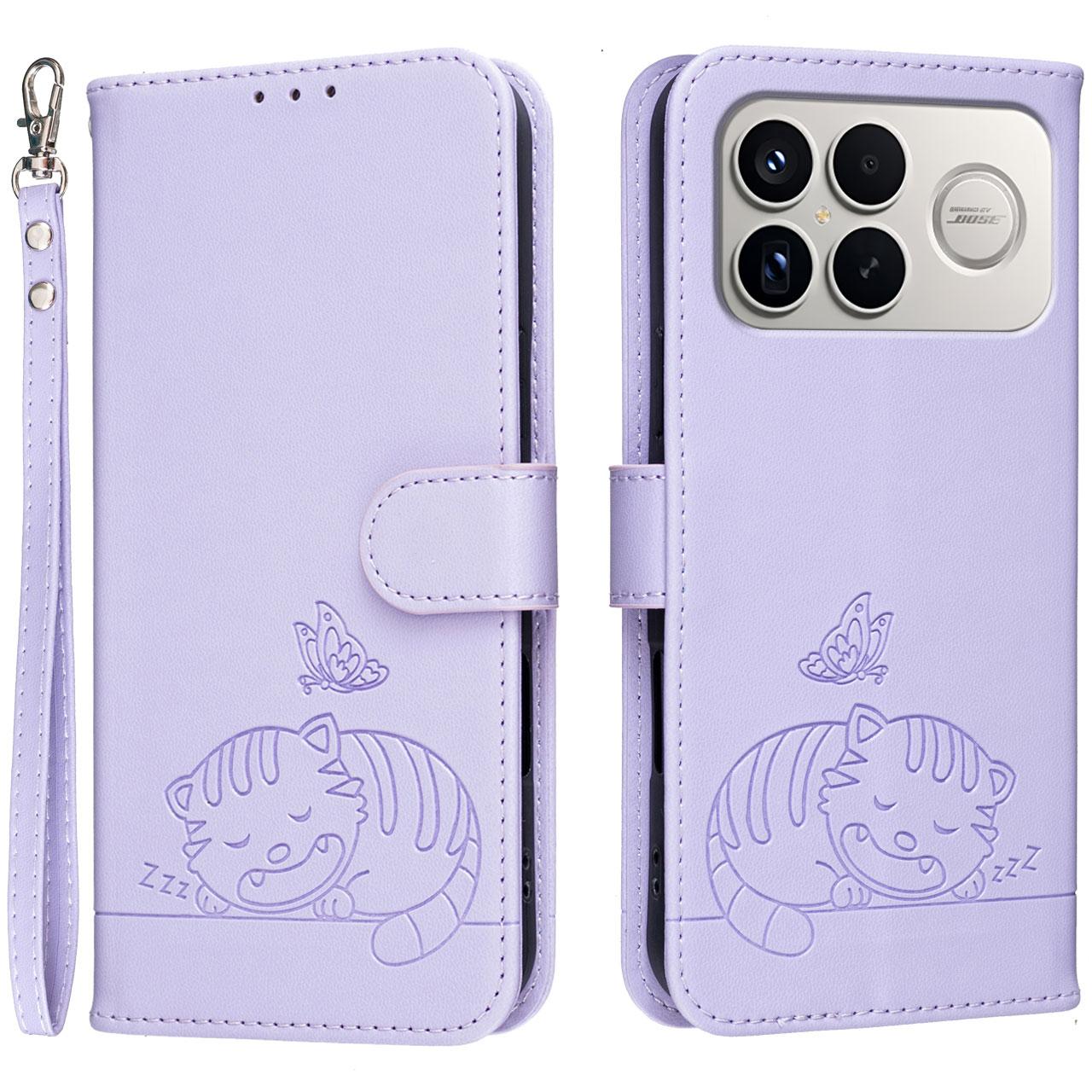 For Redmi K90 ProMax / Poco F8 Ultra Cat Butterfly Embossed RFID Vegan Leather Phone Case with Strap(Light Purple)