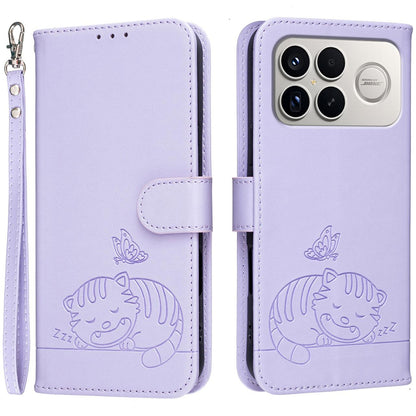 For Redmi K90 ProMax / Poco F8 Ultra Cat Butterfly Embossed RFID Vegan Leather Phone Case with Strap(Light Purple)