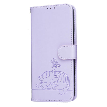 For Redmi K90 ProMax / Poco F8 Ultra Cat Butterfly Embossed RFID Vegan Leather Phone Case with Strap(Light Purple)
