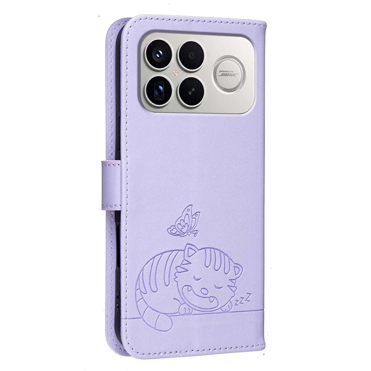 For Redmi K90 ProMax / Poco F8 Ultra Cat Butterfly Embossed RFID Vegan Leather Phone Case with Strap(Light Purple)