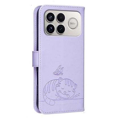 For Redmi K90 ProMax / Poco F8 Ultra Cat Butterfly Embossed RFID Vegan Leather Phone Case with Strap(Light Purple)