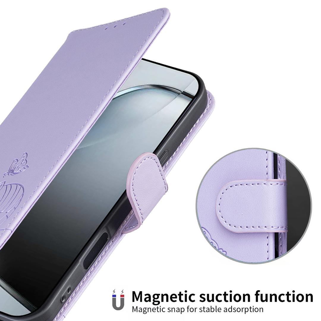 For Redmi K90 ProMax / Poco F8 Ultra Cat Butterfly Embossed RFID Vegan Leather Phone Case with Strap(Light Purple)
