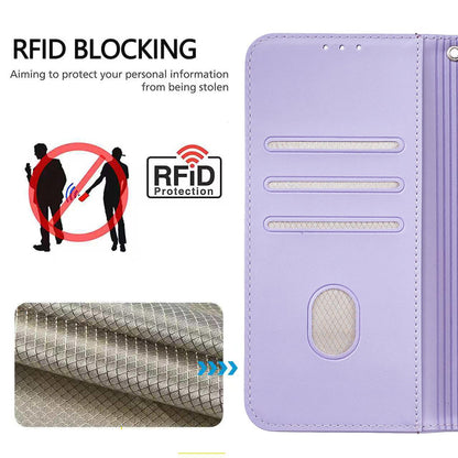 For Redmi K90 ProMax / Poco F8 Ultra Cat Butterfly Embossed RFID Vegan Leather Phone Case with Strap(Light Purple)