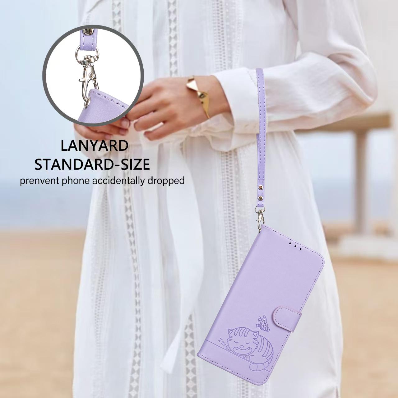 For Redmi K90 ProMax / Poco F8 Ultra Cat Butterfly Embossed RFID Vegan Leather Phone Case with Strap(Light Purple)