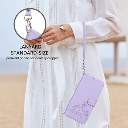 For Redmi K90 ProMax / Poco F8 Ultra Cat Butterfly Embossed RFID Vegan Leather Phone Case with Strap(Light Purple)