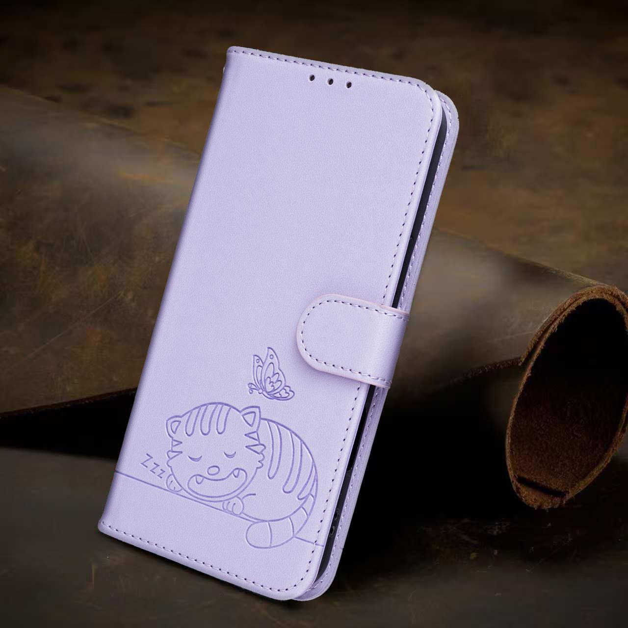 For Redmi K90 ProMax / Poco F8 Ultra Cat Butterfly Embossed RFID Vegan Leather Phone Case with Strap(Light Purple)