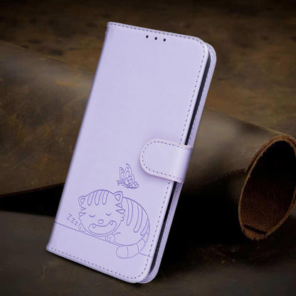 For Redmi K90 ProMax / Poco F8 Ultra Cat Butterfly Embossed RFID Vegan Leather Phone Case with Strap(Light Purple)