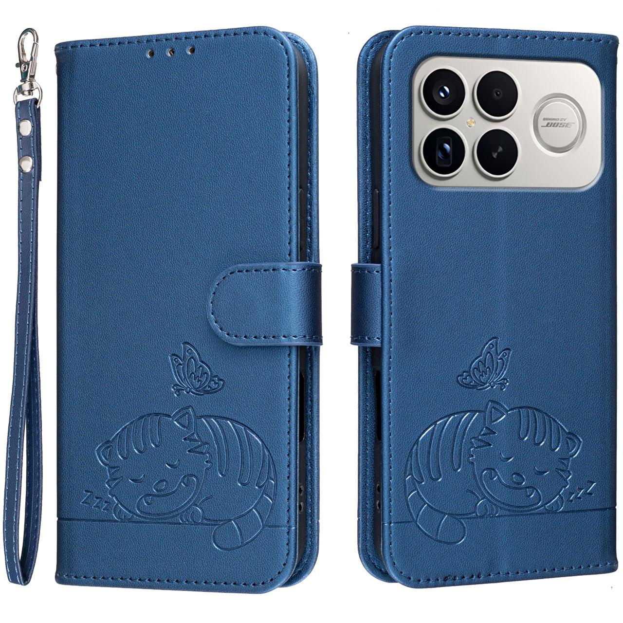 For Redmi K90 ProMax / Poco F8 Ultra Cat Butterfly Embossed RFID Vegan Leather Phone Case with Strap(Dark Blue)