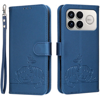 For Redmi K90 ProMax / Poco F8 Ultra Cat Butterfly Embossed RFID Vegan Leather Phone Case with Strap(Dark Blue)