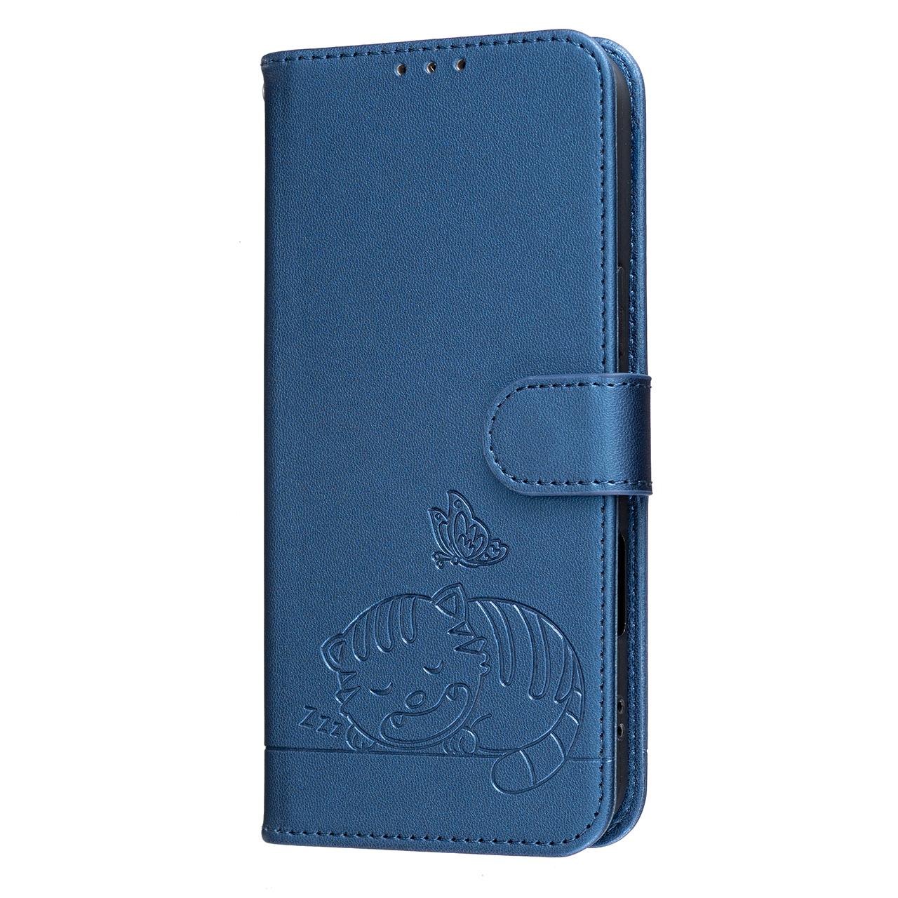 For Redmi K90 ProMax / Poco F8 Ultra Cat Butterfly Embossed RFID Vegan Leather Phone Case with Strap(Dark Blue)