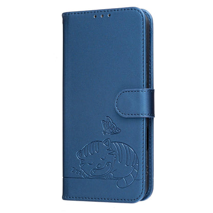 For Redmi K90 ProMax / Poco F8 Ultra Cat Butterfly Embossed RFID Vegan Leather Phone Case with Strap(Dark Blue)