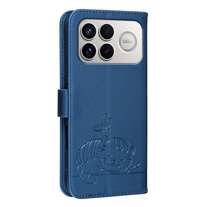 For Redmi K90 ProMax / Poco F8 Ultra Cat Butterfly Embossed RFID Vegan Leather Phone Case with Strap(Dark Blue)