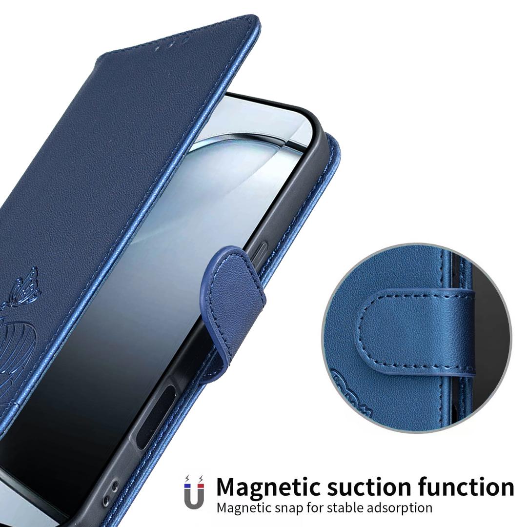 For Redmi K90 ProMax / Poco F8 Ultra Cat Butterfly Embossed RFID Vegan Leather Phone Case with Strap(Dark Blue)