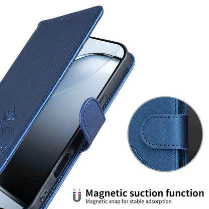 For Redmi K90 ProMax / Poco F8 Ultra Cat Butterfly Embossed RFID Vegan Leather Phone Case with Strap(Dark Blue)