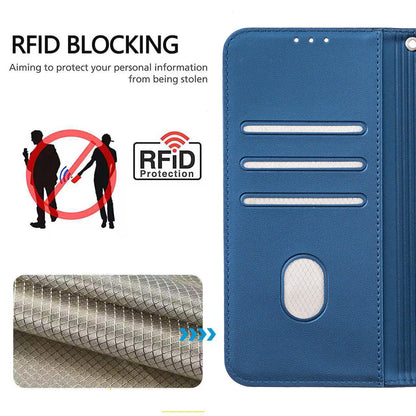 For Redmi K90 ProMax / Poco F8 Ultra Cat Butterfly Embossed RFID Vegan Leather Phone Case with Strap(Dark Blue)