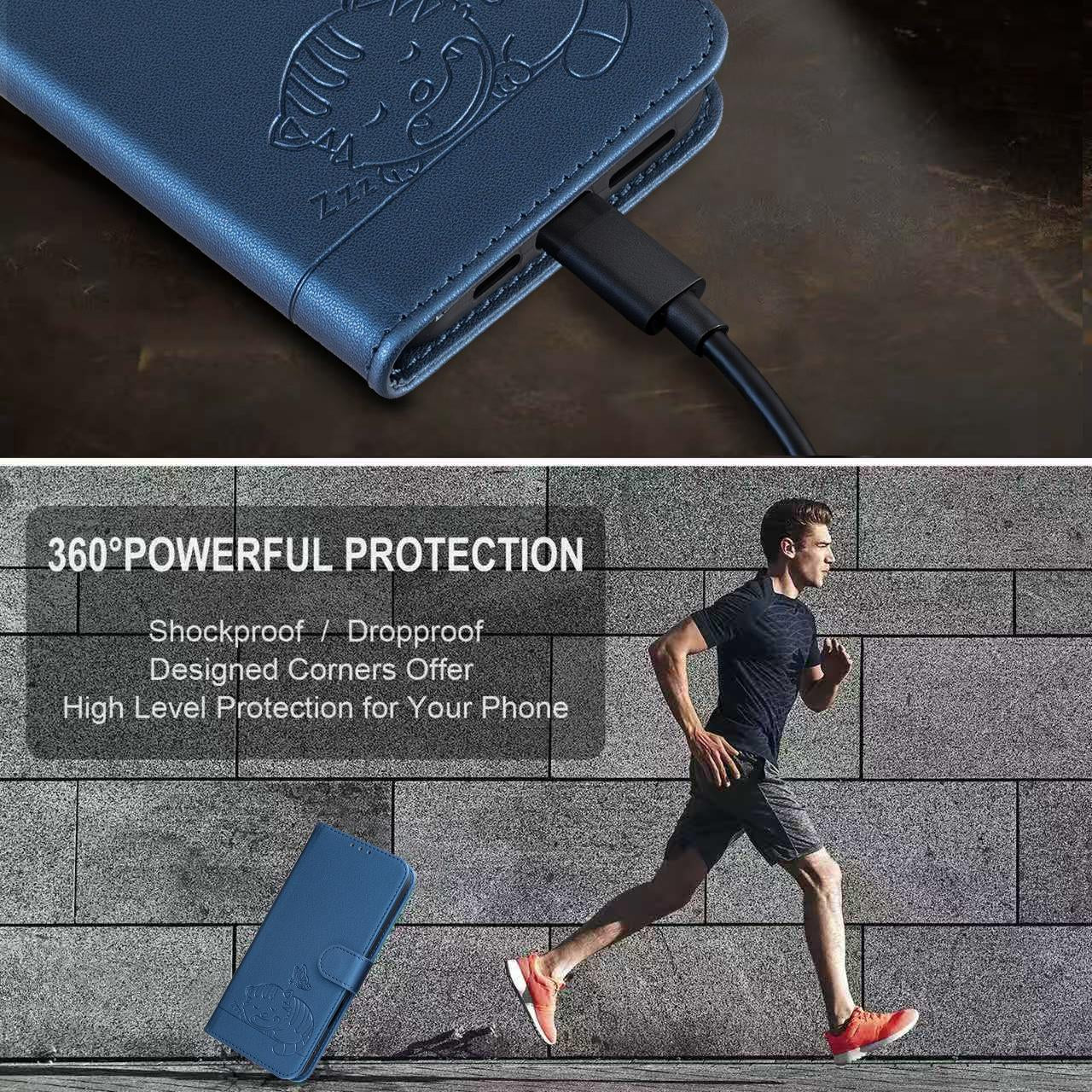 For Redmi K90 ProMax / Poco F8 Ultra Cat Butterfly Embossed RFID Vegan Leather Phone Case with Strap(Dark Blue)