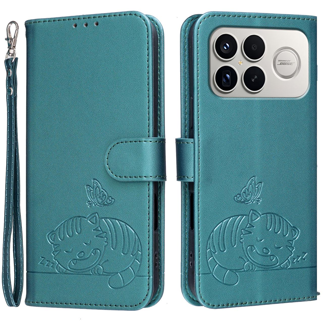 For Redmi K90 ProMax / Poco F8 Ultra Cat Butterfly Embossed RFID Vegan Leather Phone Case with Strap(Dark Green)