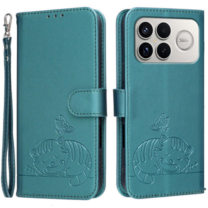 For Redmi K90 ProMax / Poco F8 Ultra Cat Butterfly Embossed RFID Vegan Leather Phone Case with Strap(Dark Green)