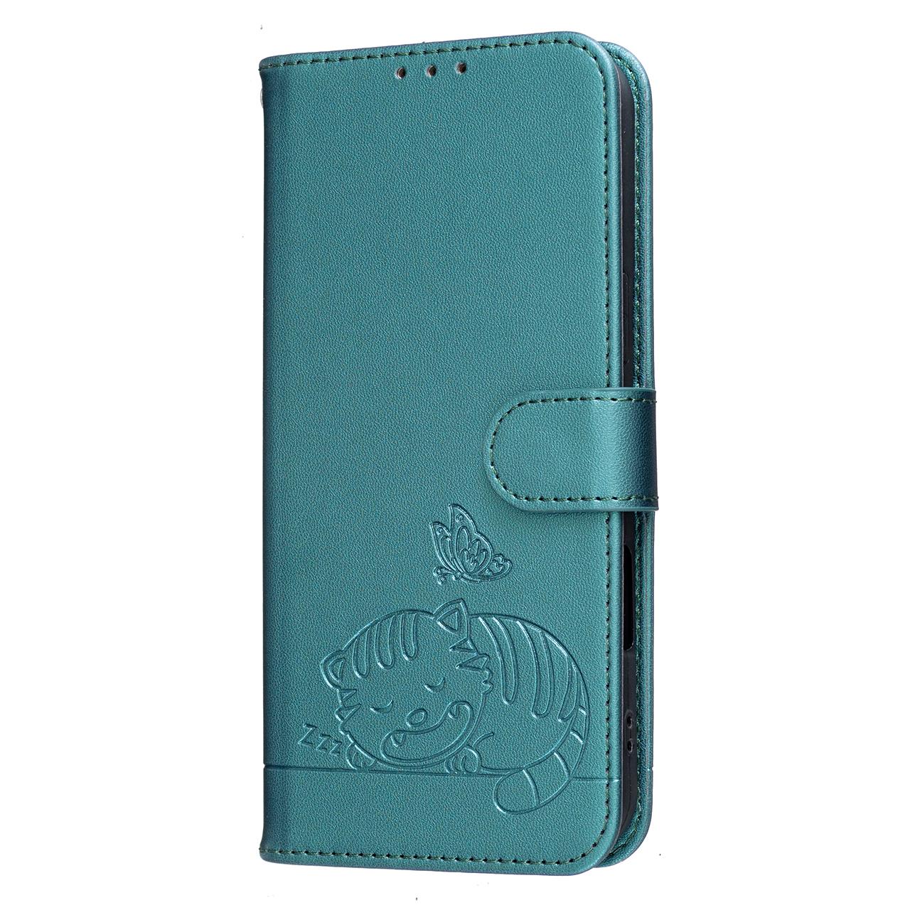 For Redmi K90 ProMax / Poco F8 Ultra Cat Butterfly Embossed RFID Vegan Leather Phone Case with Strap(Dark Green)
