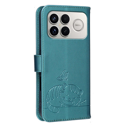 For Redmi K90 ProMax / Poco F8 Ultra Cat Butterfly Embossed RFID Vegan Leather Phone Case with Strap(Dark Green)