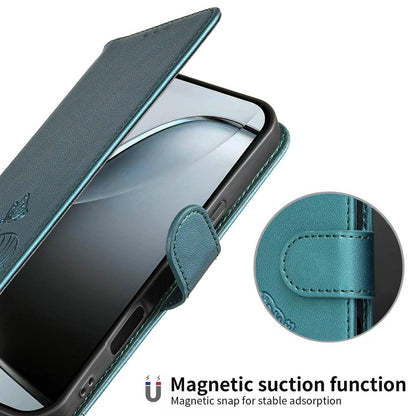 For Redmi K90 ProMax / Poco F8 Ultra Cat Butterfly Embossed RFID Vegan Leather Phone Case with Strap(Dark Green)