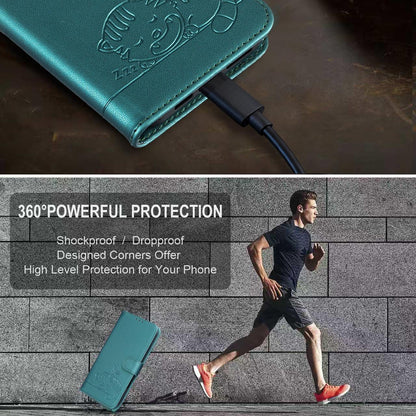For Redmi K90 ProMax / Poco F8 Ultra Cat Butterfly Embossed RFID Vegan Leather Phone Case with Strap(Dark Green)