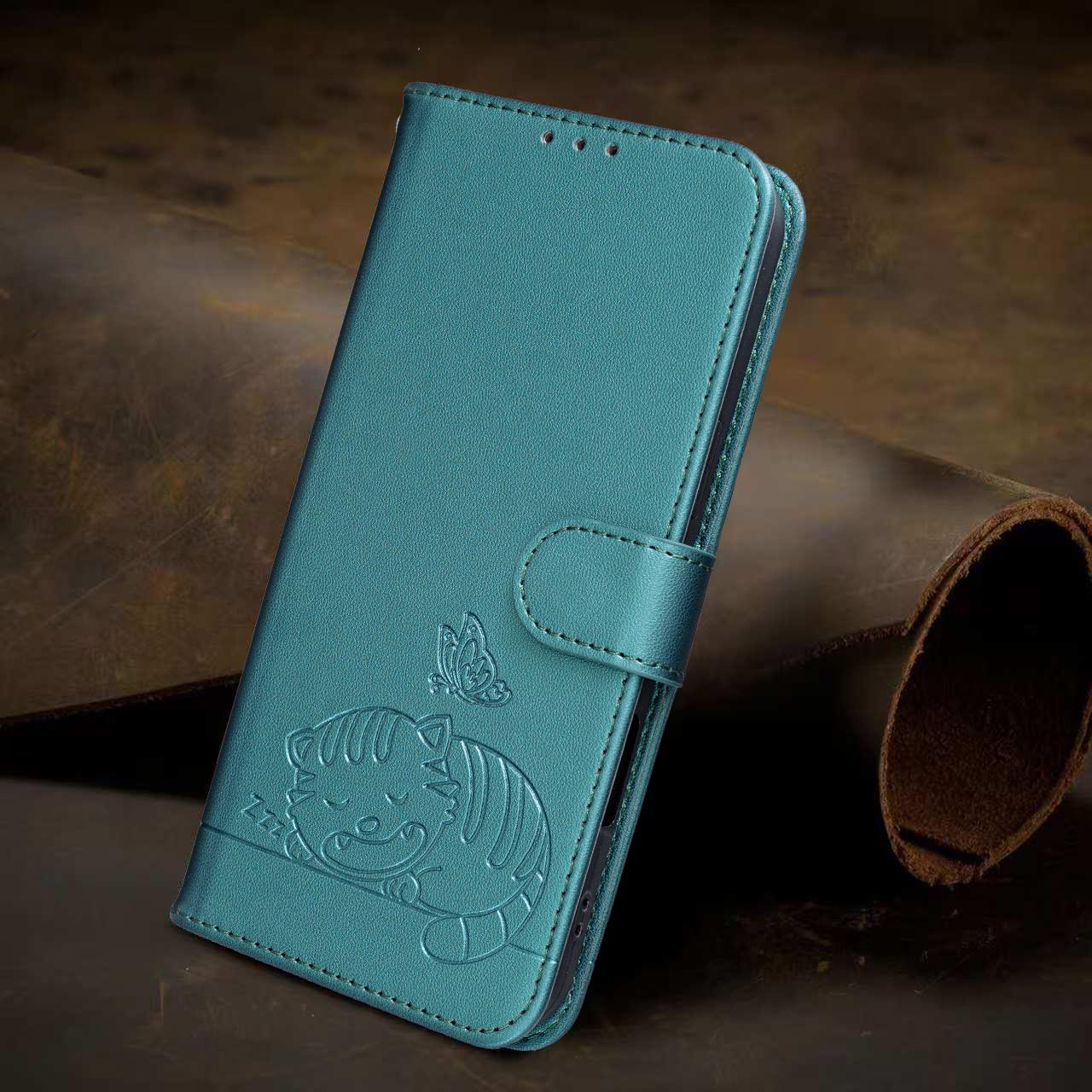 For Redmi K90 ProMax / Poco F8 Ultra Cat Butterfly Embossed RFID Vegan Leather Phone Case with Strap(Dark Green)