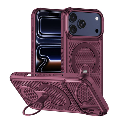 For iPhone 17 Pro Max Colorful Hollowed Cooling 360 Degree Rotation Ring Holder Magnetic Phone Case(Wine Red)