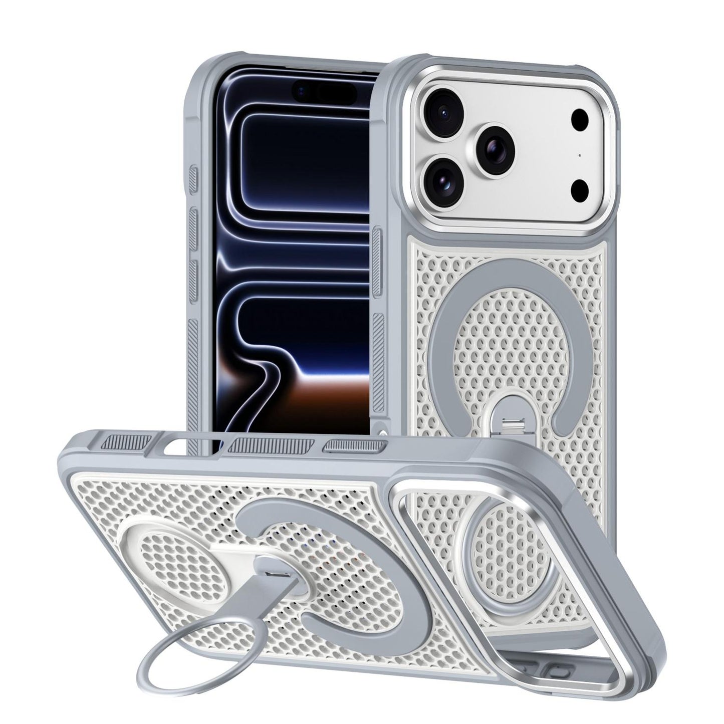 For iPhone 18 Pro Max Colorful Hollowed Cooling 360 Degree Rotation Ring Holder Magnetic Phone Case(White)