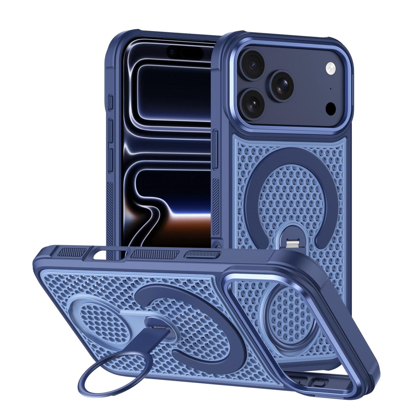 For iPhone 18 Pro Max Colorful Hollowed Cooling 360 Degree Rotation Ring Holder Magnetic Phone Case(Blue)