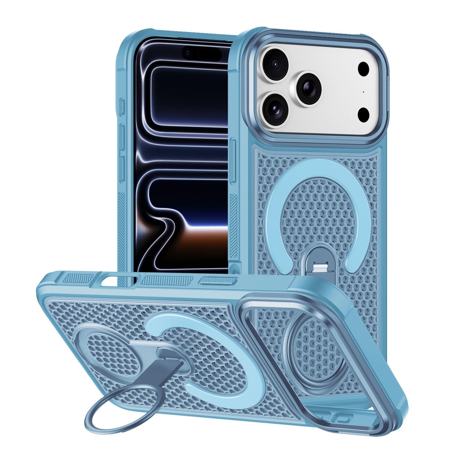 For iPhone 18 Pro Max Colorful Hollowed Cooling 360 Degree Rotation Ring Holder Magnetic Phone Case(Light Blue)