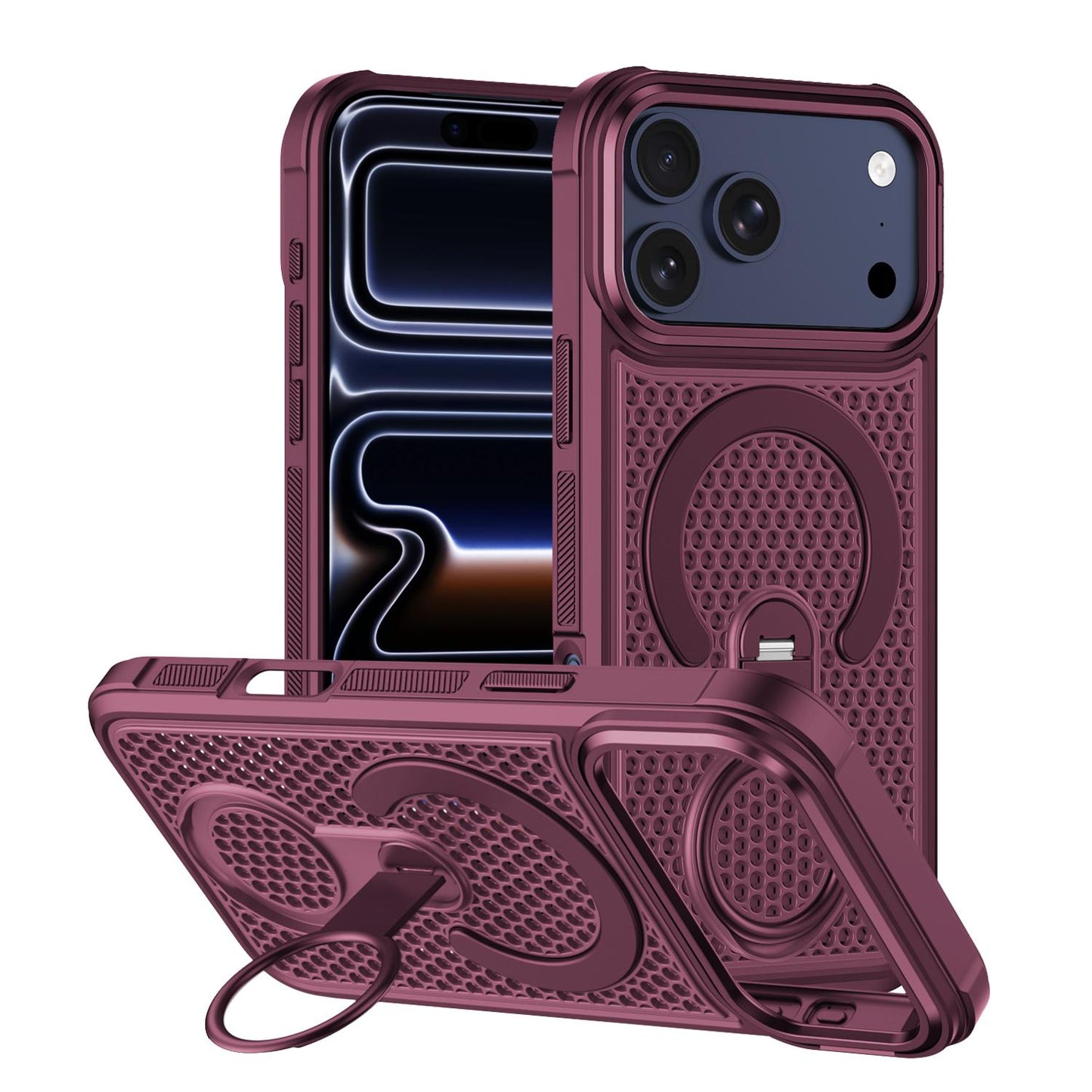 For iPhone 18 Pro Max Colorful Hollowed Cooling 360 Degree Rotation Ring Holder Magnetic Phone Case(Wine Red)