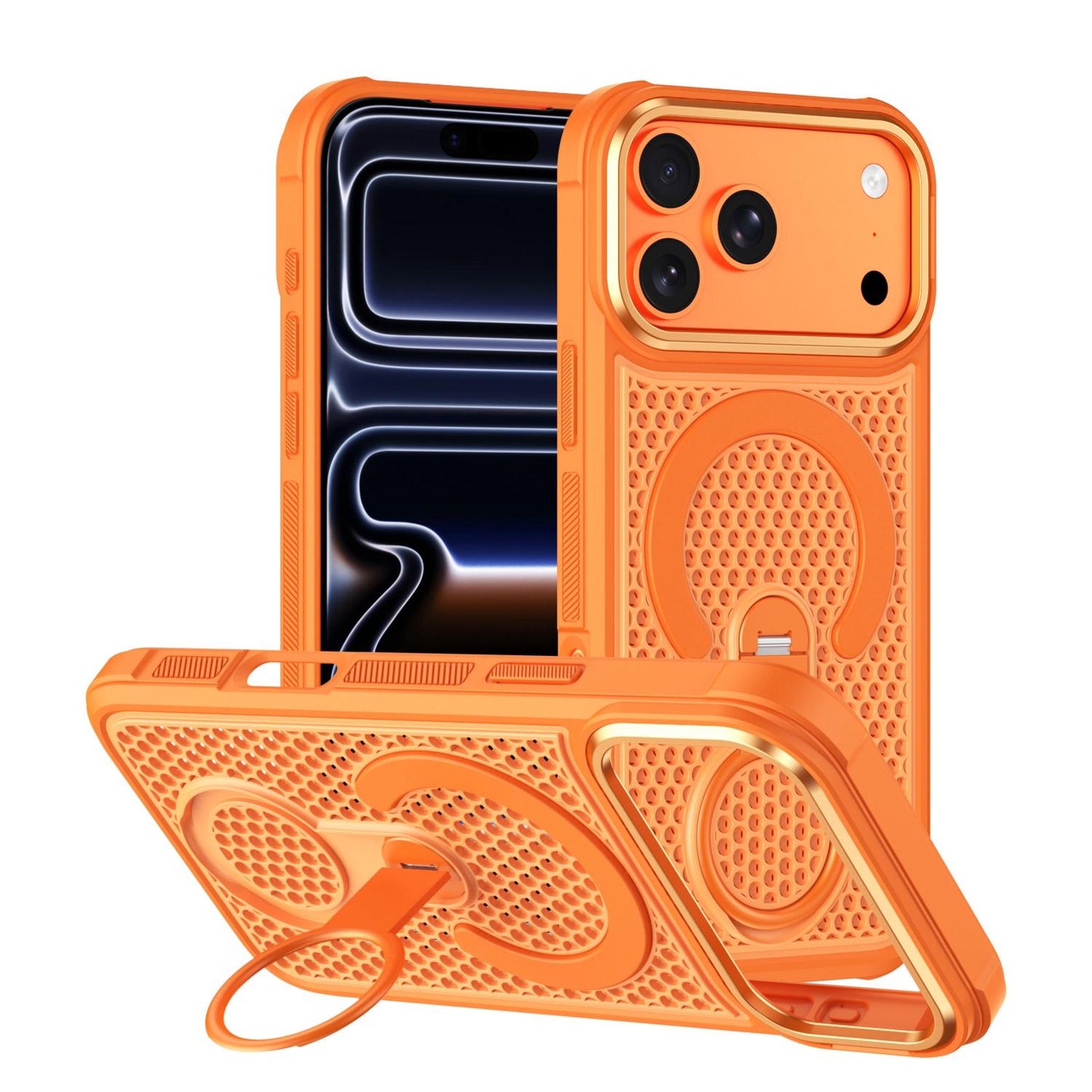 For iPhone 18 Pro Colorful Hollowed Cooling 360 Degree Rotation Ring Holder Magnetic Phone Case(Orange)