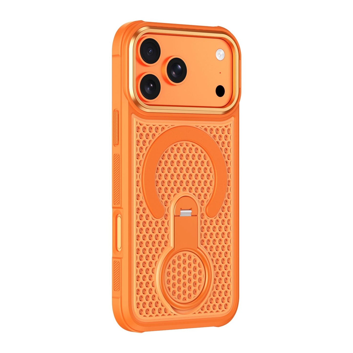 For iPhone 18 Pro Colorful Hollowed Cooling 360 Degree Rotation Ring Holder Magnetic Phone Case(Orange)